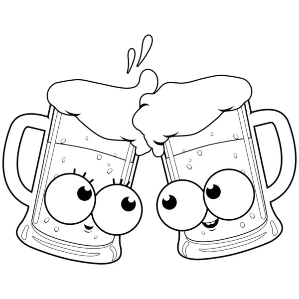 Cartoon Beer Characters Toasting Vector Black White Coloring Page — Stock Vector