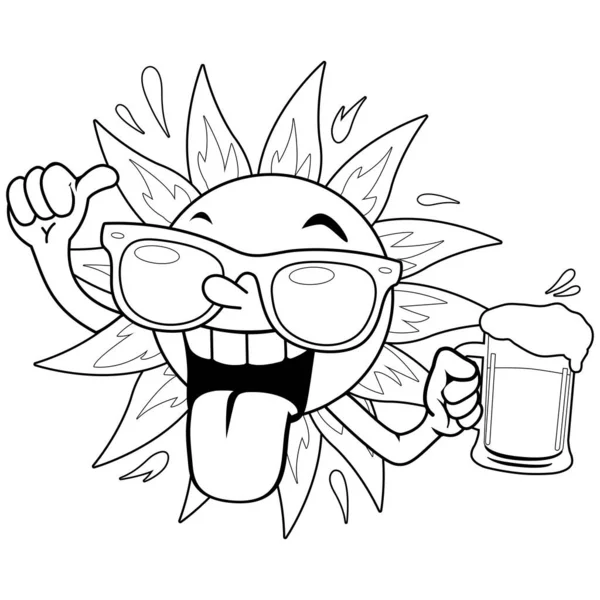 Cartoon Sonne Trinkt Bier Vector Schwarz Weiß Malseite — Stockvektor