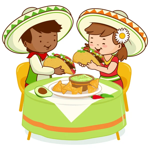 Mexické Děti Sedí Jídelního Stolu Jedí Tacos Guacamole Nachos Vektorová — Stockový vektor