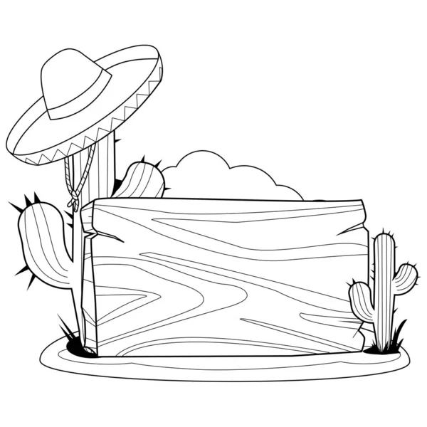 Dřevěný Ukazatel Mexické Poušti Kaktusovými Rostlinami Sombrerem Vektorové Černobílé Zbarvení — Stockový vektor