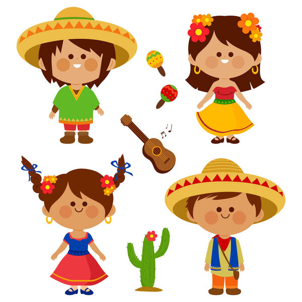 Группа мексиканских детей, мальчиков и девочек с сомбреро. Векторная иллюстрация