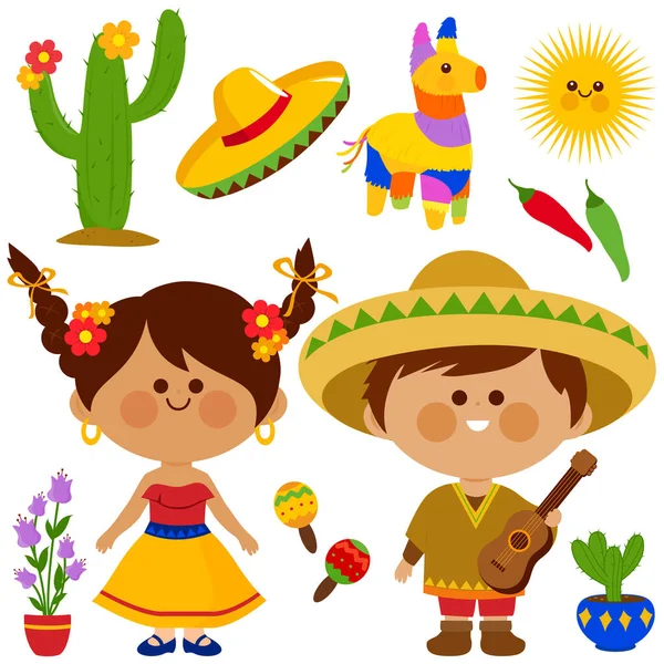 Sbírka Cinco Mayo Fiesta Mexickými Dětmi Vektorová Ilustrace — Stockový vektor