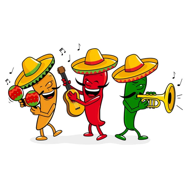Cartoon Mariachi Peperoni Con Sombreros Suonando Musica Con Maracas Chitarra — Vettoriale Stock