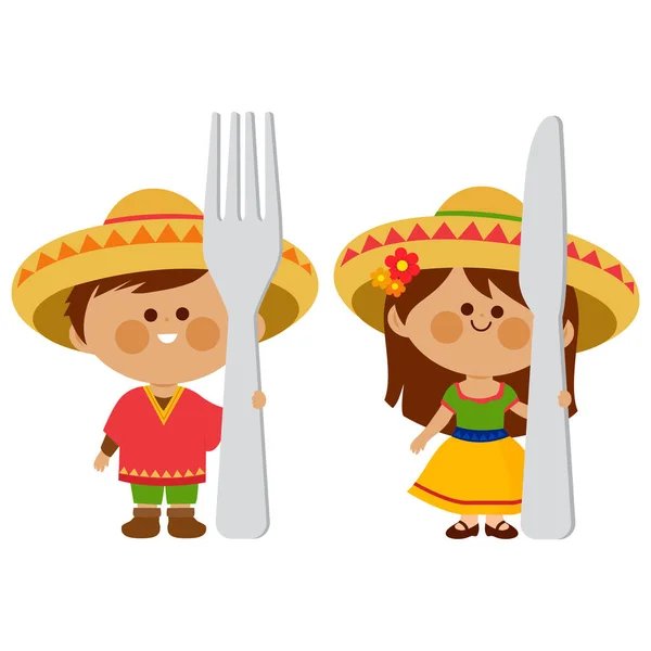 Mexické Děti Drží Vidličku Nůž Dětské Jídlo Vektorová Ilustrace — Stockový vektor