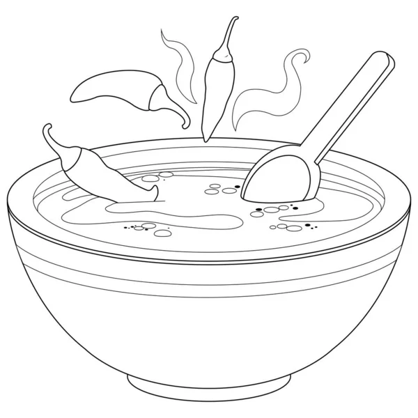 Μια Κούπα Ζεστή Σούπα Τσίλι Διάνυσμα Ασπρόμαυρη Σελίδα Χρωματισμού — Διανυσματικό Αρχείο