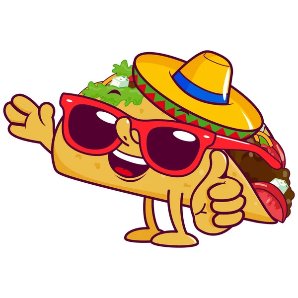 Tecknad Mexikansk Taco Karaktär Med Sombrero Hatt Och Solglasögon Vektorillustration — Stock vektor