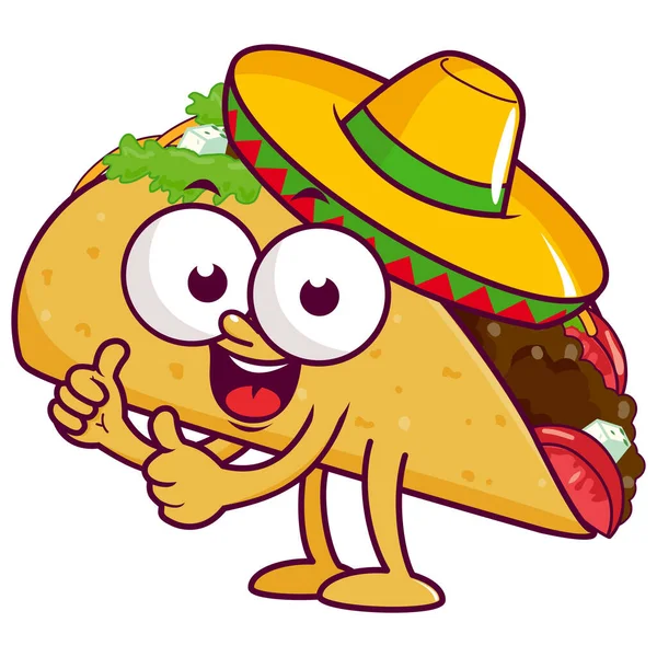 Karakter Taco Meksiko Kartun Dengan Topi Sombrero Ilustrasi Vektor - Stok Vektor
