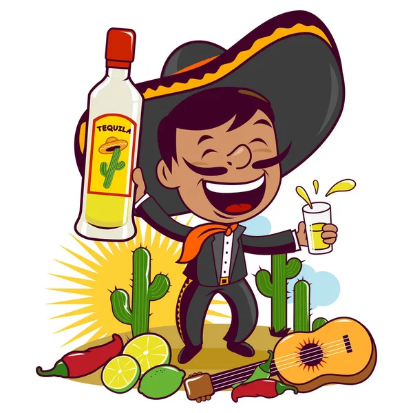 Mariachi Mexicain Buvant Tequila Dans Désert Illustration Vectorielle — Image vectorielle