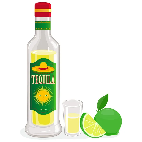Meksykańska Butelka Tequili Tequila Limonka Plasterkach Ilustracja Wektora — Wektor stockowy