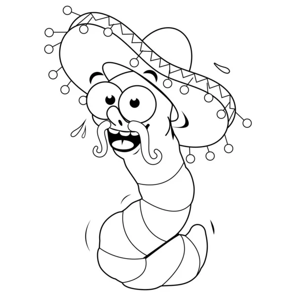 Карикатурный Текила Червяк Мексиканской Шляпе Сомбреро Векторная Черно Белая Раскраска — стоковый вектор