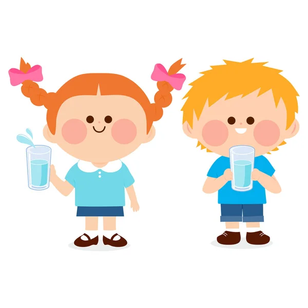 孩子们 一个女孩和一个男孩举着杯子喝水 病媒图解 — 图库矢量图片