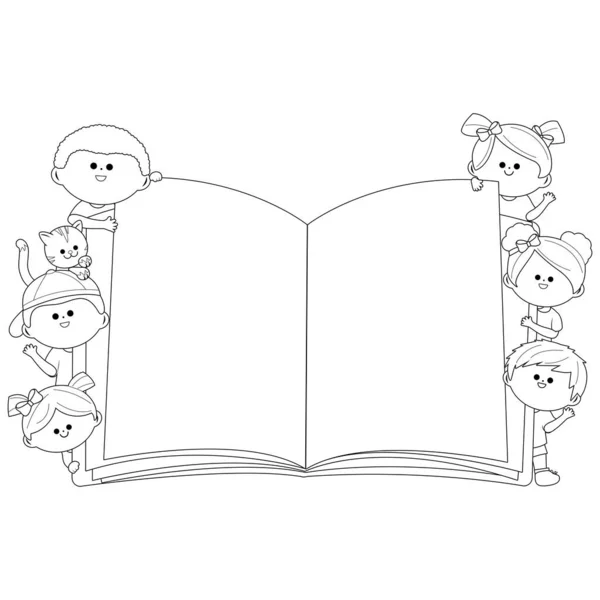 与孩子们一起打开书本 矢量黑白着色页 — 图库矢量图片