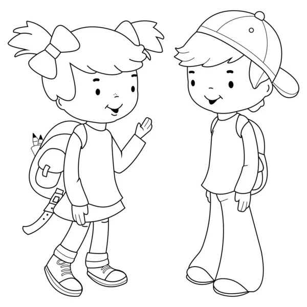 Niños Estudiantes Con Mochilas Escolares Vector Blanco Negro Para Colorear — Vector de stock