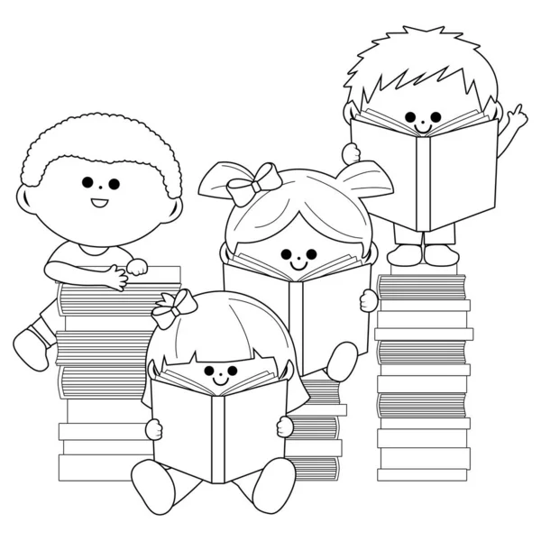 Děti Čtou Knihy Vektorové Černobílé Zbarvení Stránky — Stockový vektor