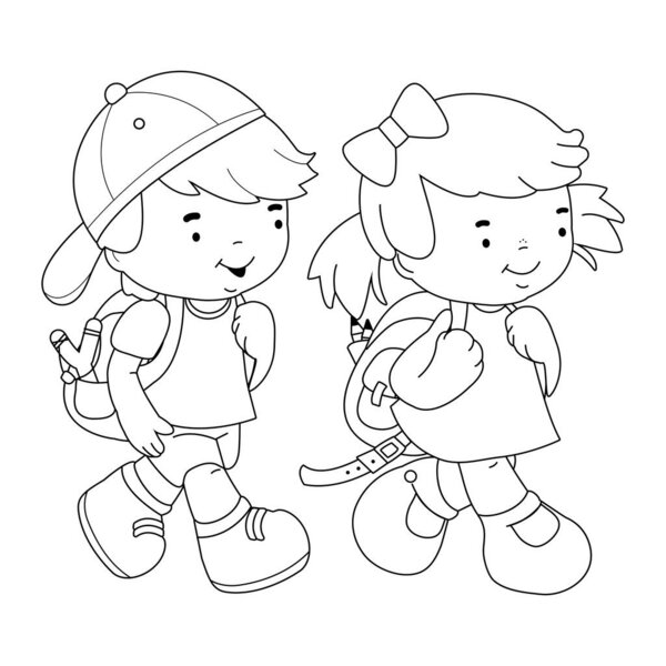 Дети ходят в школу пешком. Векторная черно-белая раскраска.