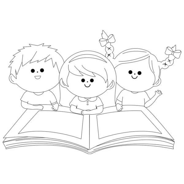 Crianças Lendo Livro Vetor Página Para Colorir Preto Branco — Vetor de Stock