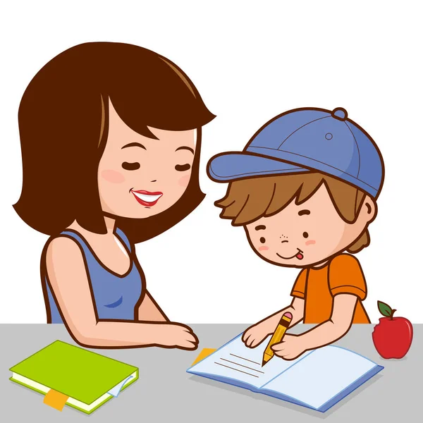 Matka Pomaga Dziecku Odrabianiu Lekcji Szkoły Ilustracja Wektora — Wektor stockowy