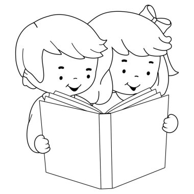 Çocuklar kitap okuyor. Vektör siyah ve beyaz renk sayfası.