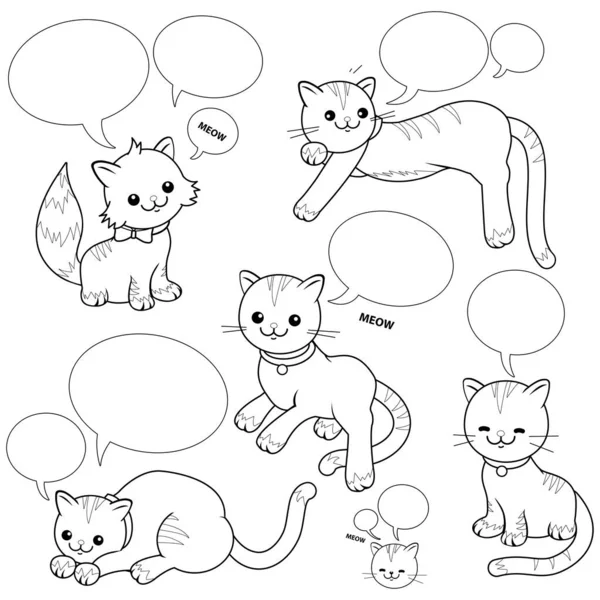 Милые Мультяшные Кошки Пузырьками Речи Векторная Черно Белая Раскраска — стоковый вектор