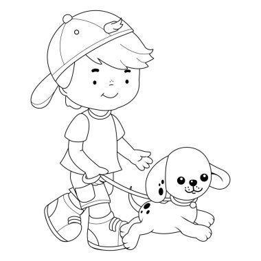 Köpeği gezdiren çocuk. Vektör siyah ve beyaz renk sayfası.
