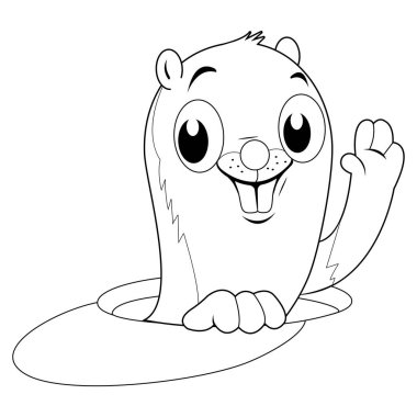 Çizgi film köstebeği yerdeki bir delikten gözetliyor. Vektör siyah ve beyaz renk sayfası.