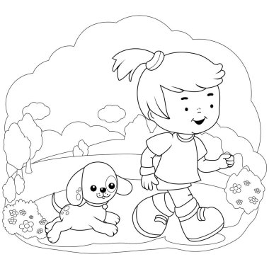 Kız ve köpeği parkta koşuyorlar. Vektör siyah ve beyaz renk sayfası.