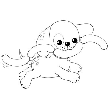 Ağzında sosislerle koşan sevimli bir köpek. Vektör siyah ve beyaz renk sayfası.