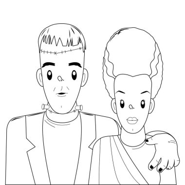 Cadılar Bayramı canavarı ve canavar gelini. Vektör siyah ve beyaz renk sayfası.