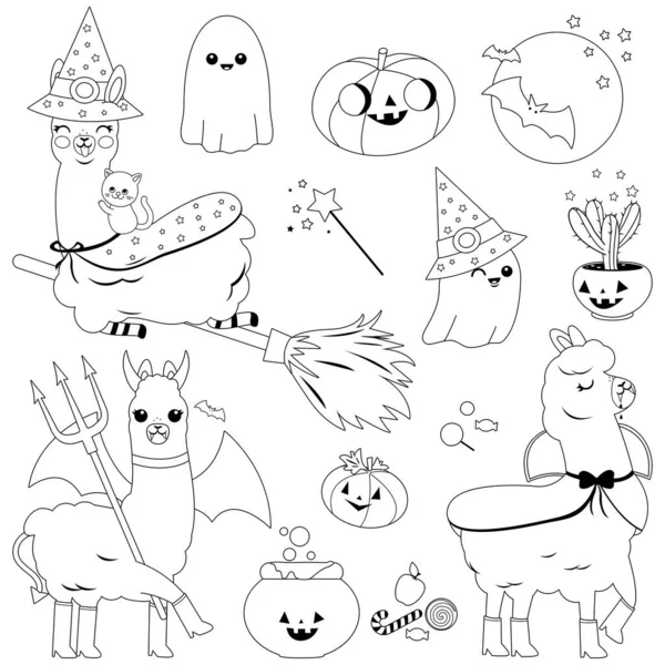 Kolekce Roztomilých Lamas Halloweenských Kostýmech Dárečcích Cukrovinkách Dalších Halloweenských Předmětech — Stockový vektor