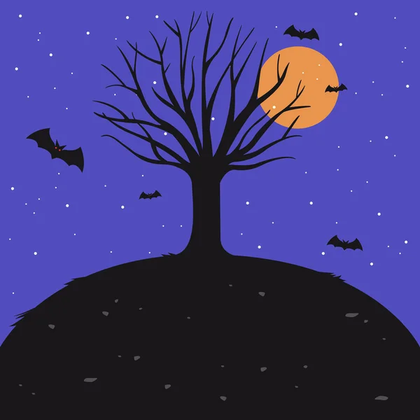 Gruseliger Halloween Hintergrund Mit Einem Gruseligen Baum Und Fledermäusen Auf — Stockvektor