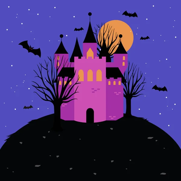 恐ろしいハロウィーンの背景は 夜の丘の上に恐ろしいお城や木を抱えています ベクトルイラスト — ストックベクタ