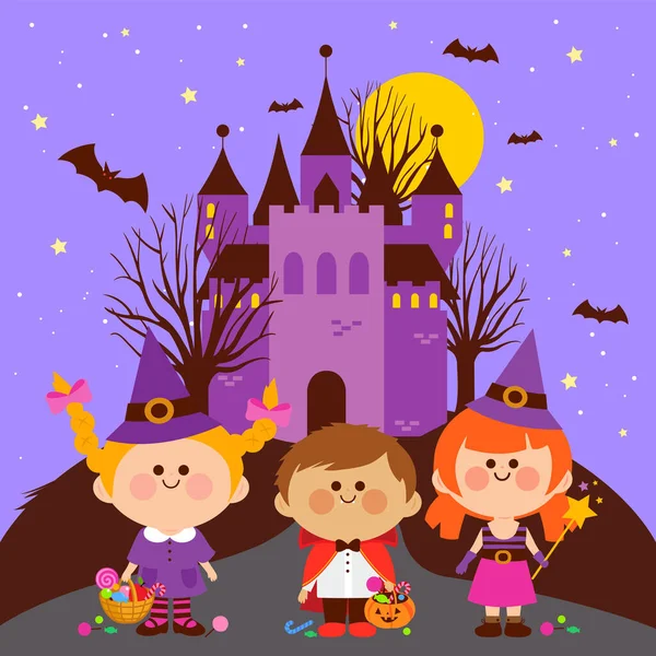 Дети Костюмах Хэллоуин Посещают Жуткий Замок Привидениями Холме Ночью Векторная — стоковый вектор