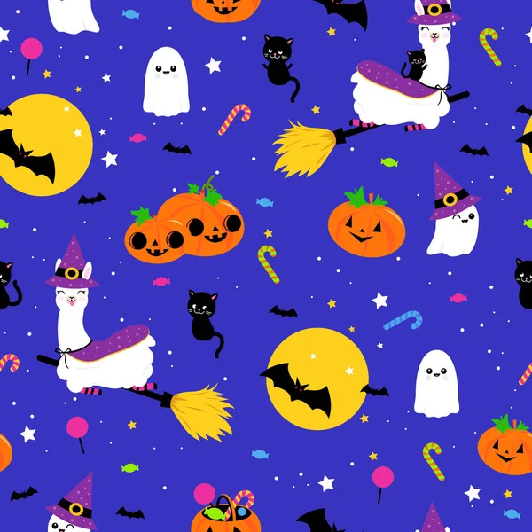 Halloween Lama Achtergrond Naadloos Patroon Vectorillustratie — Stockvector