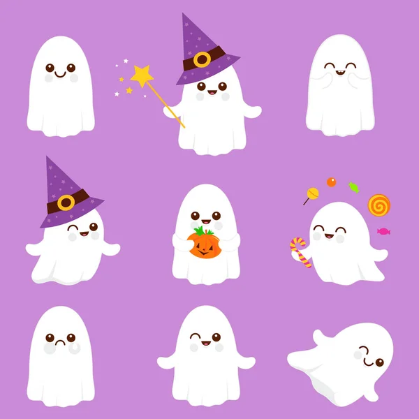 Collection Cute Halloween Ghost Characters Vector Illustration Set — Stock Vector