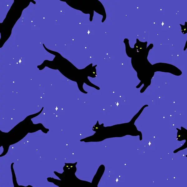 Halloween Background Black Cats Night Sky Seamless Pattern Vector Illustration — Stock Vector