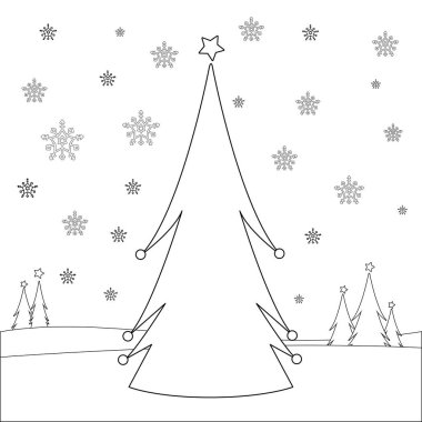 Karda Noel ağacı. Vektör siyah ve beyaz renk sayfası.