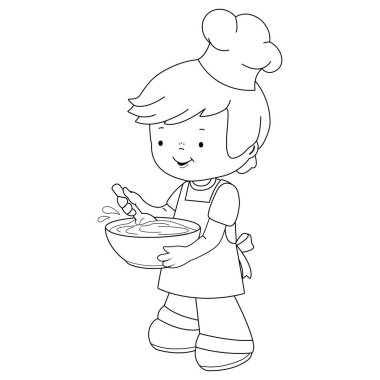 Şef üniformalı küçük bir çocuk, elinde kase ve yemek pişiriyor. Vektör siyah ve beyaz renk sayfası.