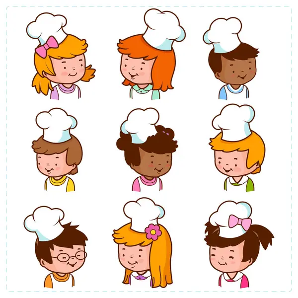 Разнообразная Группа Детских Поваров Набор Детских Аватаров Кулинарными Шляпами Набор — стоковый вектор