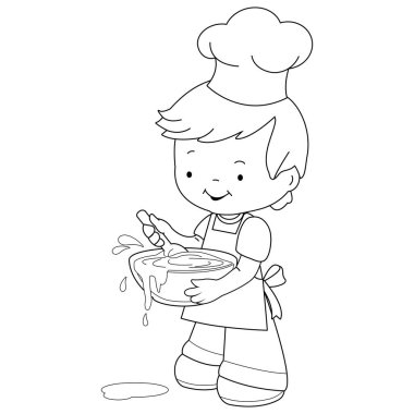 Aşçı çocuk mutfakta yemek yapıyor. Küçük çocuk evde yemek pişiriyor. Vektör siyah ve beyaz renk sayfası.