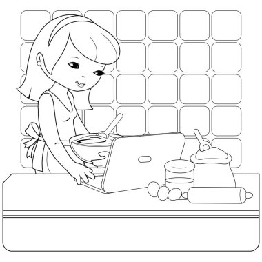 Kadının biri mutfağında bilgisayarının önünde yemek pişiriyor ve internetten yemek tariflerine bakıyor. Annem evde mutfakta yemek pişiriyor. Vektör siyah ve beyaz renk sayfası.