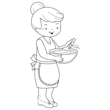 Büyükannem yemek yapıyor. Elinde kaseyle yemek hazırlayan yaşlı bir kadın. Vektör siyah ve beyaz renk sayfası.