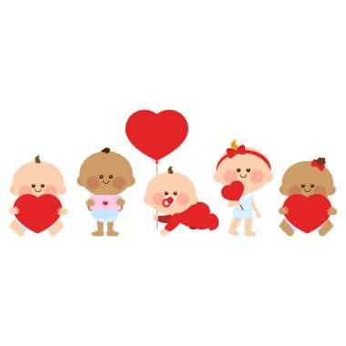 Sevgililer Günü 'nüz kutlu olsun bebekler, kızlar ve oğlanlar. Sevimli bebekler, küçük kızlar ve kırmızı kalp balonları ve hediyeleri olan erkek bebekler. Vektör illüstrasyonu