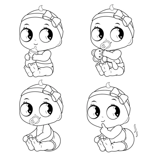 Personagens Menina Dos Desenhos Animados Bebês Bonitos Bebendo Leite Brincando Gráficos Vetores