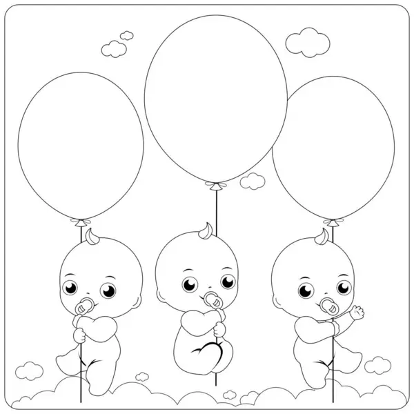 Cute Newborn Baby Triplets Flying Sky Holding Balloons Baby Shower — Stock Vector