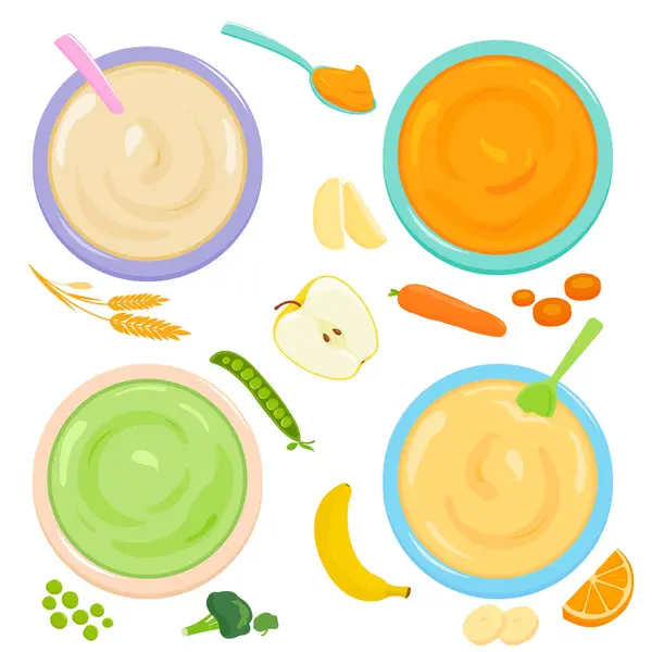 ชามอาหารทารกและเด ดเด นและช ชผลไม และน นฝร งอะโวคาโดถ มแครอทแอปเป ลและกล อาหารผล เวกเตอร์สต็อก