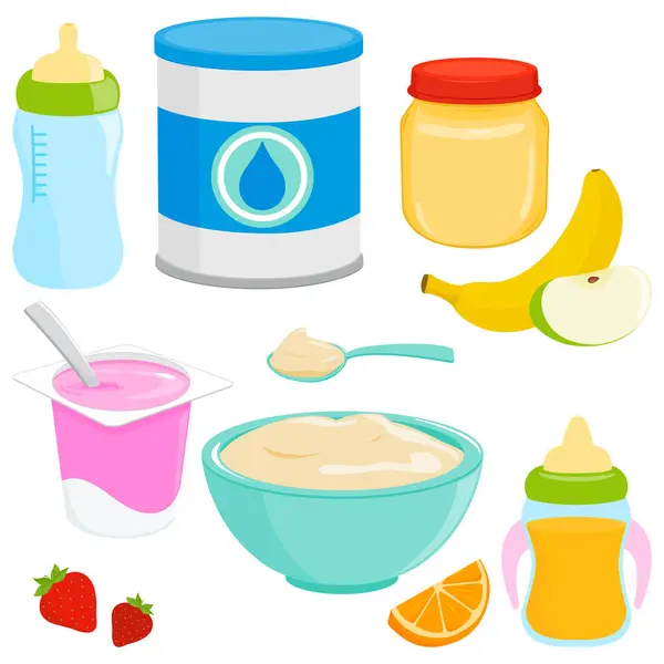 Bebê Criança Alimentos Leite Suco Cereais Purê Frutas Vegetais Leite Ilustração De Bancos De Imagens