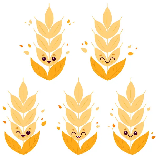 Набор Символов Пшеницы Милые Мультяшные Хлопья Ячмень Уши Пшеничных Персонажей Лицензионные Стоковые Иллюстрации