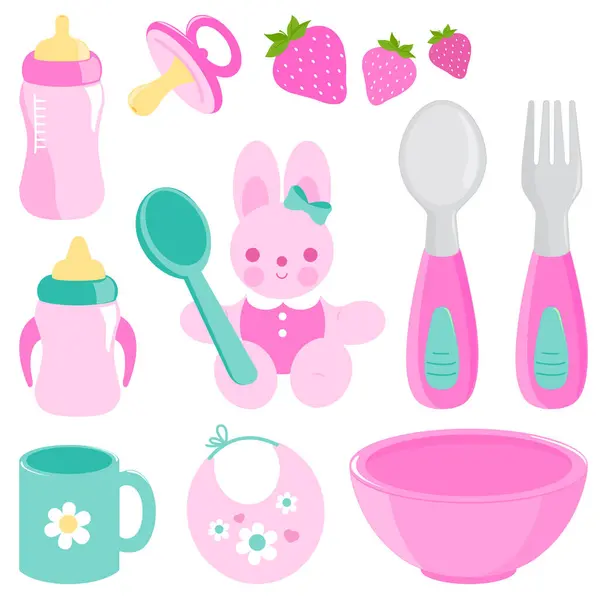 Набор Посуды Детского Питания Ложка Вилка Малышей Посуда Молочными Бутылками Стоковый вектор