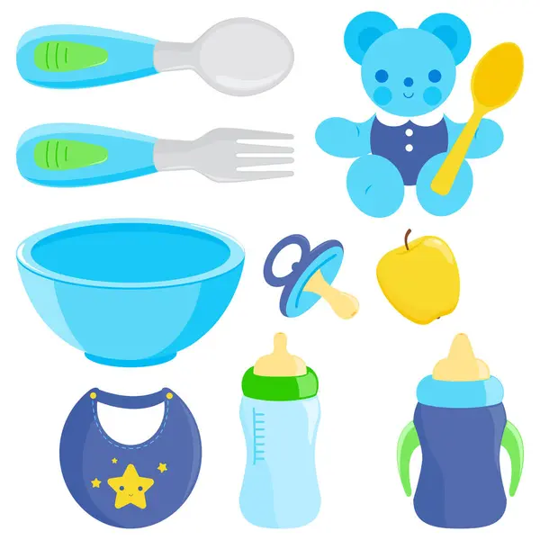 Посуда Детского Питания Установлена Ложка Вилка Малышей Посуда Молочными Бутылками Стоковая Иллюстрация