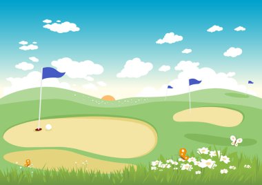 Yeşil tepeler, beyaz papatya çiçekleri ve kelebeklerle dolu yaz ya da bahar manzaralı golf sahası. Bayraklı golf sahası. Vektör illüstrasyonu